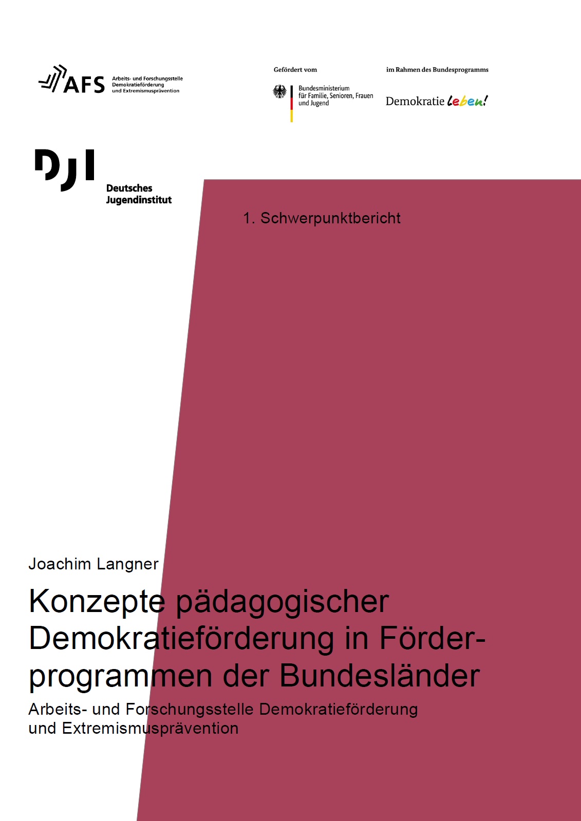 Das Cover ist zweifarbig. Es ist weiß und auf der rechten Seite ist ein lilafarbener breiter Balken, der mehr als die Hälfte des Bildes einnimmt. In der Mitte steht der Titel "Konzepte pädagogischer Demokratieförderung in Förderprogrammen der Bundesländer"