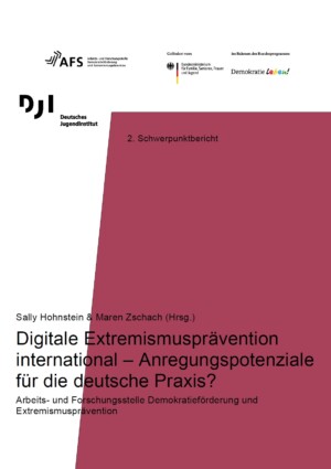 Das Cover ist zweifarbig. Es ist weiß und auf der rechten Seite ist ein lilafarbener breiter Balken, der mehr als die Hälfte des Bildes einnimmt. In der Mitte steht der Titel Digitale Extremismusprävention international – Anregungspotenziale für die deutsche Praxis?