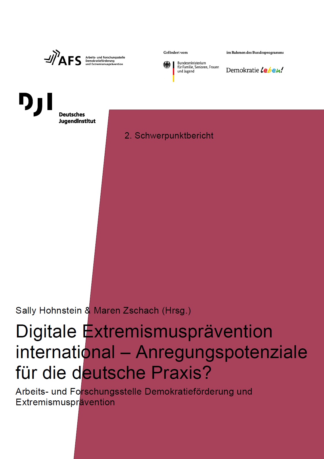 Das Cover ist zweifarbig. Es ist weiß und auf der rechten Seite ist ein lilafarbener breiter Balken, der mehr als die Hälfte des Bildes einnimmt. In der Mitte steht der Titel Digitale Extremismusprävention international – Anregungspotenziale für die deutsche Praxis?