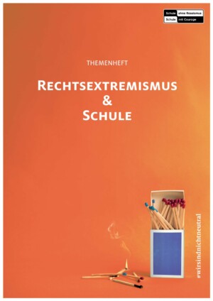 Das Titelblatt ist mit einem orangenen Hintergrund gefärbt. In der rechten oberen Ecke ist das Logo von "Schule ohne Rassismus Schule mit Courage" abgebildet. Dies macht aus dem Namen 4 Wortbausteine, die in einem Schachbrettmuster schwarz und weiß hinterlegt sind. Mittig in oder oberen Hälfte des Bildes befindet sich der Titel in weißer Schrift: "Themenheft Rechtsextremismus & Schule". Im rechten unteren Teil des Bildes ist eine offen stehende Streichholzschachtel abgebildet, bei der die Streichhölzer hervorragen. Links daneben liegen einige Streichhölzer, wovon eines brennt und raucht. Rechts daneben steht vertikal "#wirsindnichtneutral".