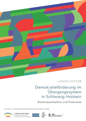 Das Cover zeigt in der oberen Bildhälfte unterschiedlich-gefärbte Formen. Im weißen Hintergrund darunter steht Demokratieförderung im Übergangssystem in Schleswig-Holstein.