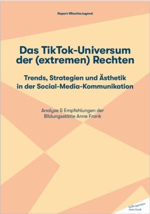 Zu sehen ist ein orange- gelbes Cover. Darauf steht die Überschrift des Textes Report #Rechte Jugend - Das TikTok-Universum der "extremen Rechten". Zudem sehen wir den Untertitel "Trends, Strategien und Ästhetik in der Social-Media-Komunikation".