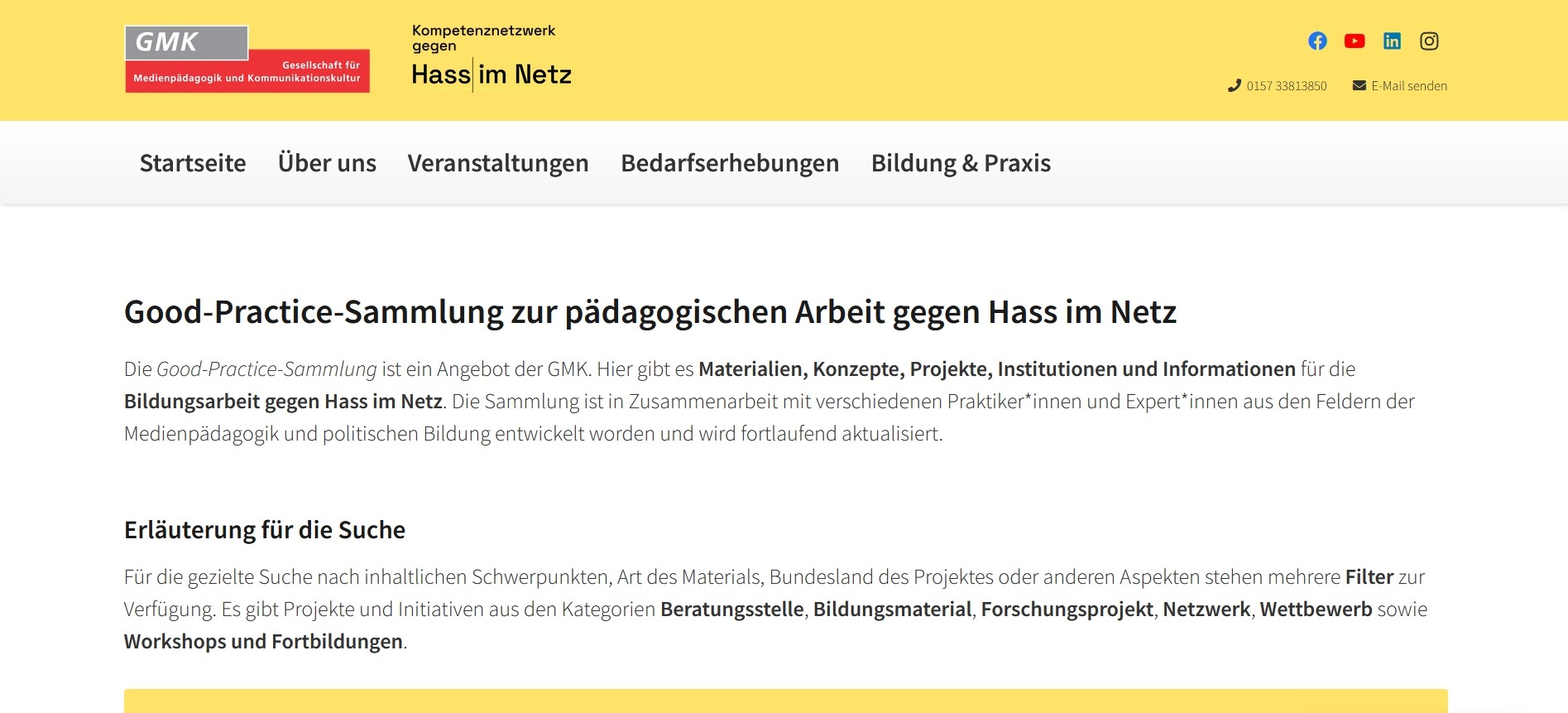 Das Bild zeigt die Startseite zur Good Practice Sammlung zur pädagogischen Arbeit gegen Hass im Netz