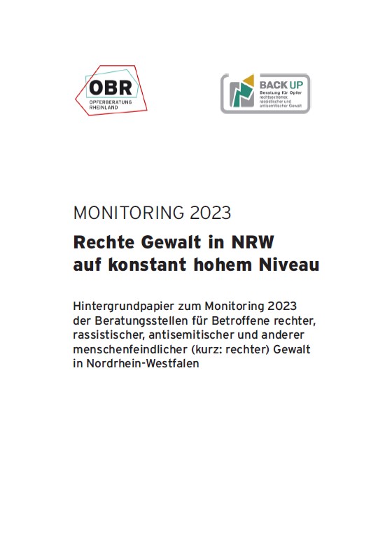 Der Hintergrund des Covers ist weiß und in der Mitte steht der Titel Monitoring 2023. Rechte Gewalt in NRW auf konstant hohem Niveau.