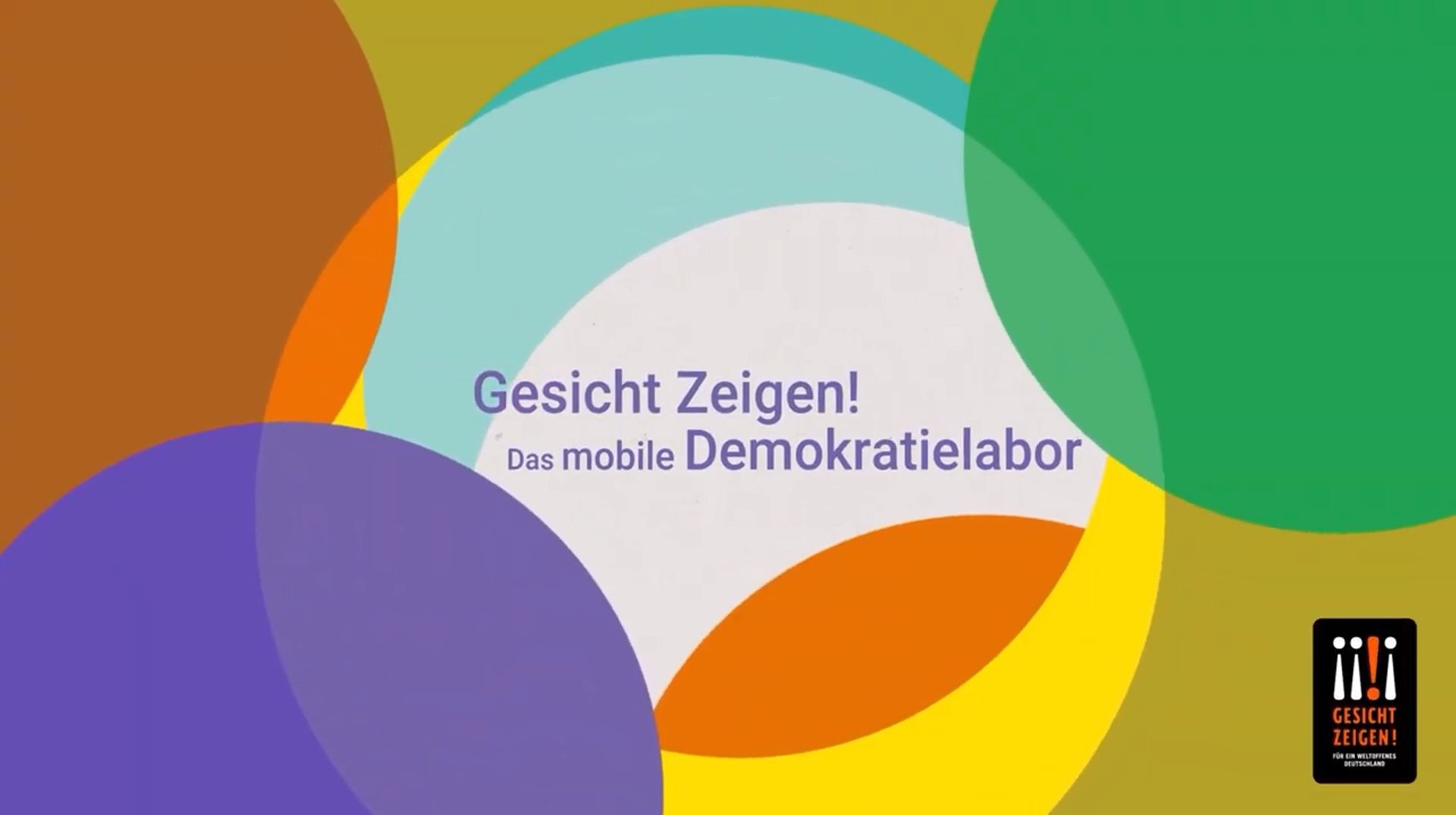 Auf dem Bild überlappen sich unterschiedlich gefärbte Kreise. In der Mitte steht Gesicht Zeigen! Das mobile Demokratielabor - Erklärvideo