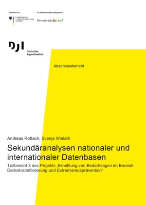 Das Bild ist in weißer und gelber Farbe unterteilt. Darauf steht mit schwarzer Schrift geschrieben Sekundäranalysen nationaler und internationaler Datenbasen. Teilbericht 3 des Projekts „Ermittlung von Bedarfslagen im Bereich Demokratieförderung und Extremismusprävention“