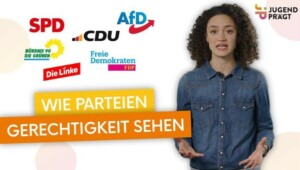 Auf dem Bild ist eine Frau ab oberhalb der Hüfte zu sehen. Sie trägt ein Jeanshemd und hat die Hände erklärend, aufgehalten. Wir sehen den Schriftzug "Wie Parteien Gerechtigkeit sehen" und darüber die Partei Logos von den der AfD, der FDP, Der CDU, der SPD, der CDU, der Linken und den Grünen. Das Bild gehört zum Beitrag: Wie funktioniert gerechte Politik