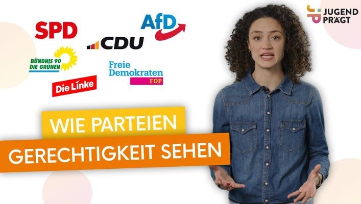 Auf dem Bild ist eine Frau ab oberhalb der Hüfte zu sehen. Sie trägt ein Jeanshemd und hat die Hände erklärend, aufgehalten. Wir sehen den Schriftzug "Wie Parteien Gerechtigkeit sehen" und darüber die Partei Logos von den der AfD, der FDP, Der CDU, der SPD, der CDU, der Linken und den Grünen. Das Bild gehört zum Beitrag: Wie funktioniert gerechte Politik