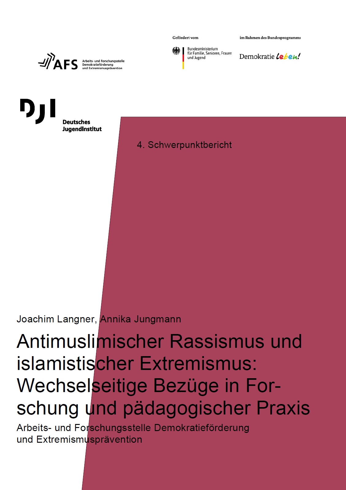 Das Cover ist zweifarbig. Es ist weiß und auf der rechten Seite ist ein lilafarbener breiter Balken, der mehr als die Hälfte des Bildes einnimmt. In der Mitte steht der Titel Antimuslimischer Rassismus und islamistischer Extremismus: Wechselseitige Bezüge in Forschung und pädagogischer Praxis