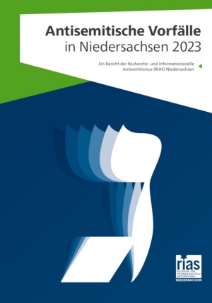 Der Hintergrund des Bildes ist in unterschiedliche große Abschnitte gegliedert, die jeweils mit einer Farbe gefüllt sind (grün, blau und weiß). Im weißen Feld steht. Antisemitische Vorfälle in Niedersachsen 2023. im blauen Feld ist weiß ein Gimmel abgebildet, der dritte Buchstabe des hebräischen Alphabets.