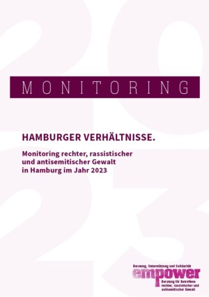 Der Hintergrund des Bildes ist in einem hellen lila getaucht, auf dem über den ganzen Hintergrund verteilt 2023 steht. Im Vordergrund steht in einem ausgefüllten lila Rahmen Monitoring und darunter steht ebenfalls in einem kräftigen lila Hamburger Verhältnisse. Monitoring rechter, rassistischer und antisemitischer Gewalt in Hamburg im Jahr 2023