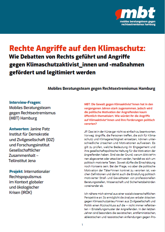 Das Cover zeigt die erste Seite der Fachinformation mit dem Titel Rechte Angriffe auf den Klimaschutz.