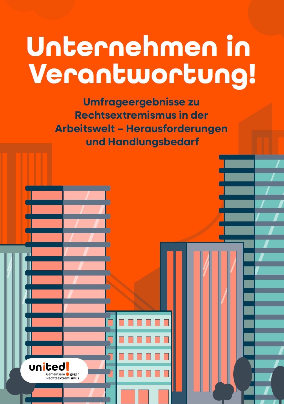 Der Hintergrund des Bildes ist komplett rot. Oben steht Unternehmen in Verantwortung! Umfrageergebnisse zu Rechtsextremismus in der Arbeitswelt - Herausforderungen und Handlungsbedarf. Darunter sind unterschiedlich groß-animierte Bürohochhäuser ins Bild eingefügt.