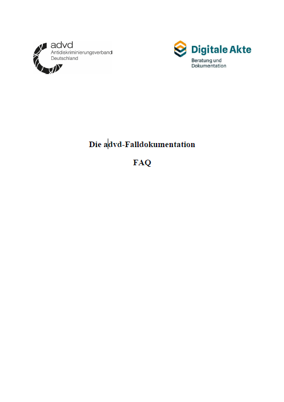 Das Cover ist weiß und man sieht nur die Überschrift in der Mitte "Die ADVD Falldokumentation FAQ". Im oberen Bereich sind die Logos von den Herausgebern abgebildet.