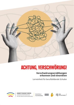 Auf dem Bild sehen wir zwei Hände die mit den Handflächen nach oben ausgestreckt sind. Zwischen den Findern liegen Fäden die in dr Mitte zwischen den Händen einen Knäul bilden. Darunter steht in Rot und in Versalien geschrieben Achtung, Verschwörung!