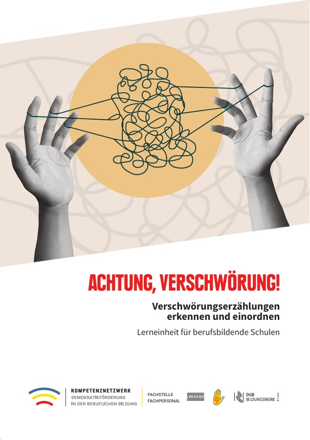 Auf dem Bild sehen wir zwei Hände die mit den Handflächen nach oben ausgestreckt sind. Zwischen den Findern liegen Fäden die in dr Mitte zwischen den Händen einen Knäul bilden. Darunter steht in Rot und in Versalien geschrieben Achtung, Verschwörung!