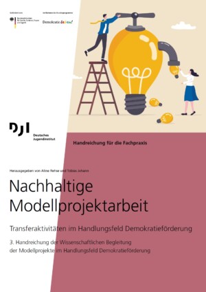 Das Cover ist zweifarbig. Es ist weiß und auf der rechten Seite ist ein lilafarbener breiter Balken, der mehr als die Hälfte des Bildes einnimmt. In der Mitte steht der Titel Nachhaltige Modellprojektarbeit. Über dem lilafarbenen Teil ist eine animierte Abbildung eingefügt. Sie zeigt eine Figur auf einer Leiter, wie er eine Drehvorrichtung auf einer überdimensionierten Glühbirne bedient. An der Glühbirne ist so etwas wie ein Wasserhahn montiert, aus dem eine kleine Glühbirne herauskommt, die von einer anderen Figur in Empfang genommen wird. Auf dem Boden liegen verstreut zwei weitere kleine Glühbirnen.