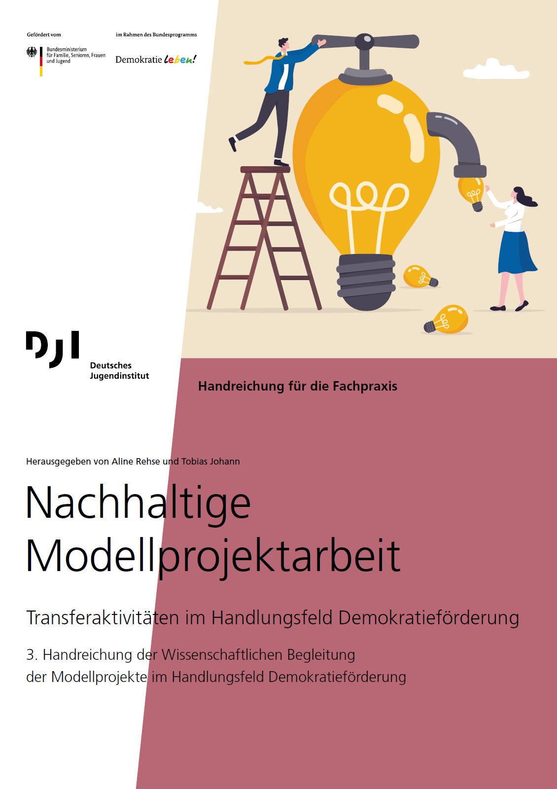 Das Cover ist zweifarbig. Es ist weiß und auf der rechten Seite ist ein lilafarbener breiter Balken, der mehr als die Hälfte des Bildes einnimmt. In der Mitte steht der Titel Nachhaltige Modellprojektarbeit. Über dem lilafarbenen Teil ist eine animierte Abbildung eingefügt. Sie zeigt eine Figur auf einer Leiter, wie er eine Drehvorrichtung auf einer überdimensionierten Glühbirne bedient. An der Glühbirne ist so etwas wie ein Wasserhahn montiert, aus dem eine kleine Glühbirne herauskommt, die von einer anderen Figur in Empfang genommen wird. Auf dem Boden liegen verstreut zwei weitere kleine Glühbirnen.