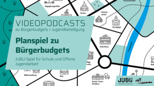 Im Hintergrund des Bildes ist eine Stadtkarte zu erkennen. Im Vordergrund ist ein türkiser Infokasten eingefügt auf dem steht Videopodcasts zu Bürgerbudgets + Jugendbeteiligung, Planspiel zu Bürgerbudgets. Unter dem Infokasten ist das Logo JUBU mitmachen e. V. abgebildet