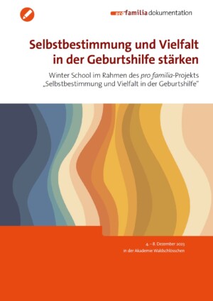 Oben im Bild steht Selbstbestimmung und Vielfalt in der Geburtshilfe stärken. In der Mitte des Bildes sind geschwungene Formen platziert, die alle jeweils mit unterschiedlichen Farben ausgefüllt sind und abstrakt an einen schwangeren Bauch erinnern. Der unter Teil des Bildes ist orange gefüllt.