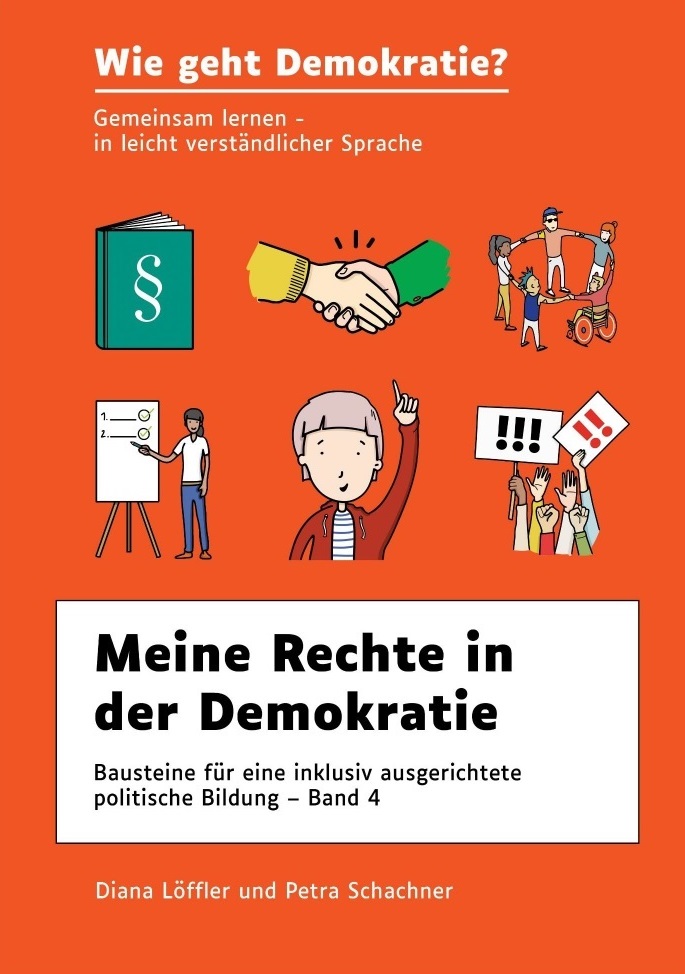 Auf dem Bild sieht man unterschiedliche Symbole die die Staatsform Demokratie verkörpern. Zudem steht auf dem Bild Wie geht Demokratie? Meine Rechte in der Demokratie