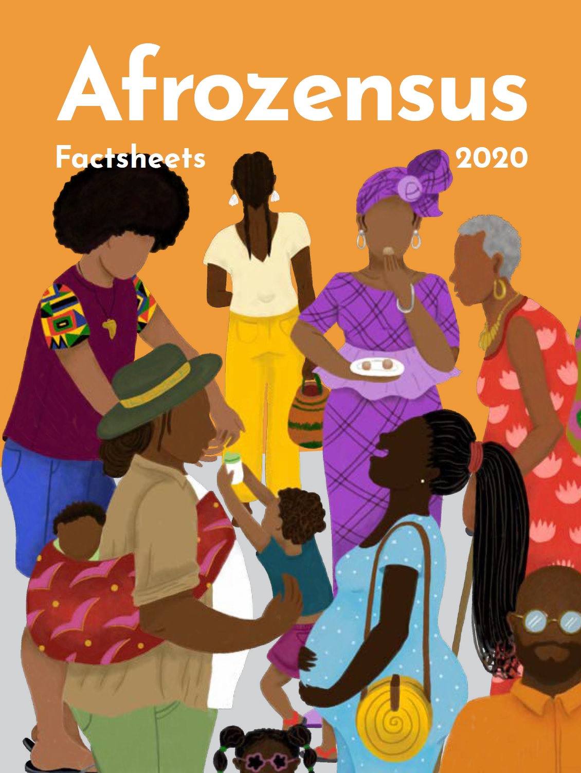 Auf dem Bild steht Factsheets Afrozensus 2020 und darunter animierte Schwarze Menschen unterschiedlichen Geschlechts, unterschiedlicher Frisur und Kleidung.