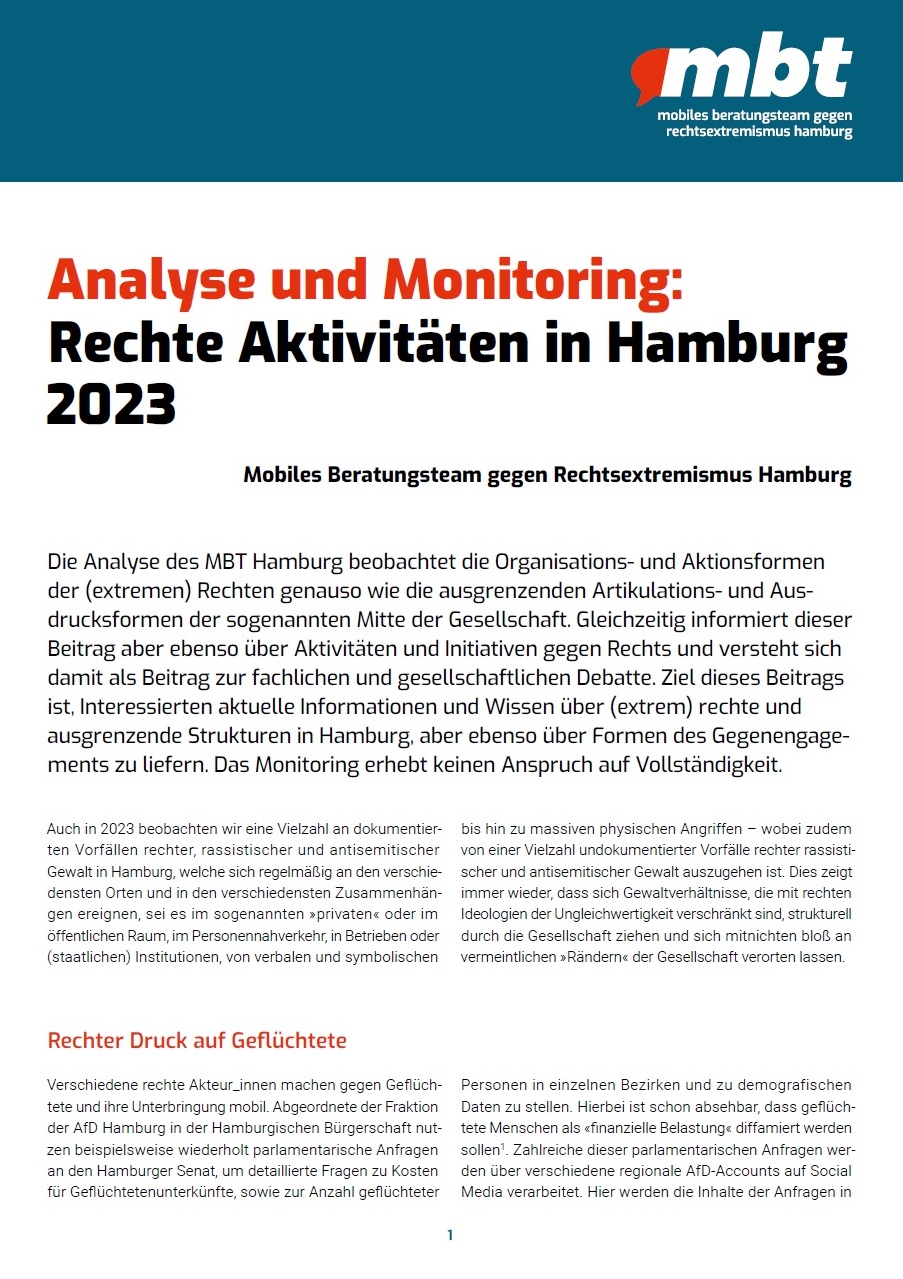 Oben auf dem Bild ist ein blauer Balken in dem mbt mobiles beratungsteam gegen rechtsextremismus hamburg. Darunter hat das Bild einen weißen Hintergrund und auf dem steht fett und in rot Analyse und Monitoring und fett und in schwarz Rechte Aktivitäten in Hamburg 2023. Weiter unten fängt der Text des Beitrages an.