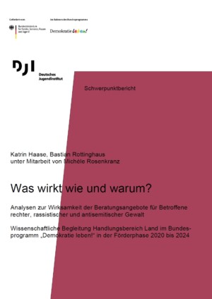 Das Cover ist zweifarbig. Es ist weiß und auf der rechten Seite ist ein lilafarbener breiter Balken, der mehr als die Hälfte des Bildes einnimmt. In der Mitte steht der Titel Was wirkt wie und warum? Analysen zur Wirksamkeit der Beratungsangebote für Betroffene rechter, rassistischer und antisemitischer Gewalt. Wissenschaftliche Begleitung Handlungsbereich Land im Bundes-programm „Demokratie leben!“ in der Förderphase 2020 bis 2024