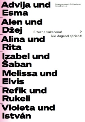 Auf dem Bild sind am linken Rand von oben bis unten fett gedruckte Namen abgebildet. In der oberen Hälfte steht E terne vakerna! Die Jugend spricht 9