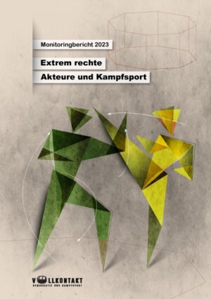 Auf dem Bild sind zwei Origami Figuren dargestellt, die miteinander kämpfen. Die eine Figur ist grün und die andere geld.