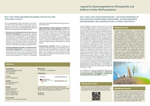 Auf dem Bild sieht man die erste Doppelseite des Factsheets. Oben rechts steht der Titel: Jugend im Spannungsfeld der Klimapolitik und äußerst rechter Einflussnahme. Im unteren rechten Bereich ist ein Bild von einer trockenen Straße, mit einem Thermometer, einem vertrocknetem Baum und einem Kraftwerk im Hintergrund.