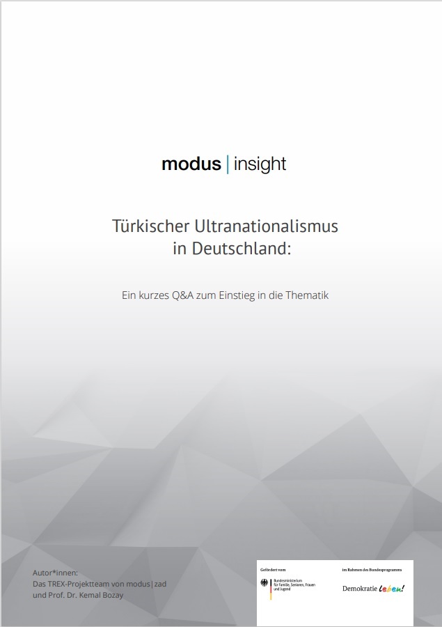 Das Cover ist grau und schemenhaft sind geometrische Formen zu erkennen. Oben mittig steht der Projektname: modus. Und unterhalb davon der Titel der Publikation: Türkischer Ultranationalismus in Deutschland.