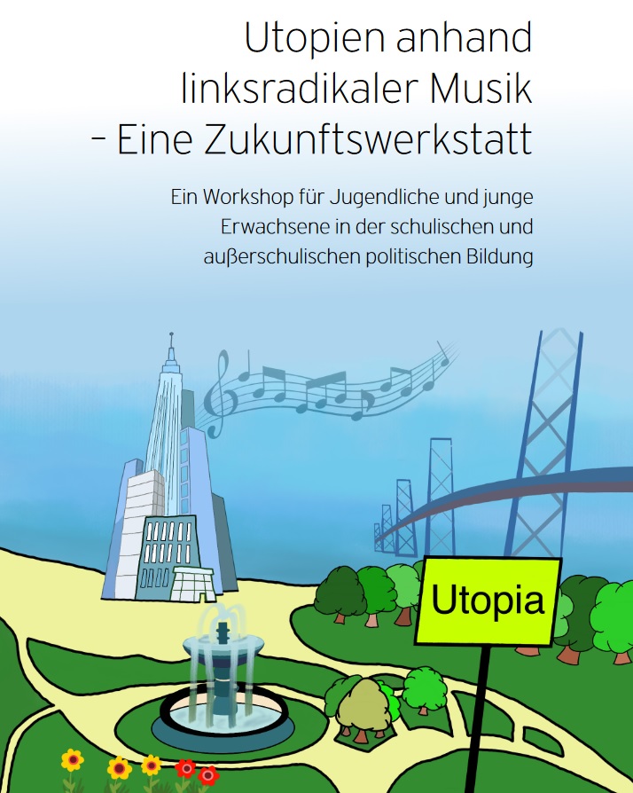 Auf dem Cover sieht man eine Landschaft im Comicstil. Dort sieht man einen blauen Himmel und einen Park, auf dem ein Schild mit "Utopia" steht. Im Hintergrund sieht man eine Brücke und einen Turm aus dem Musiknoten raus kommen. Über dem Bild steht Utopien anhand linksradikaler Musik