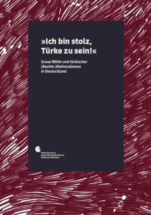 Der Hintergrund des bildes besteht aus eng aneinandergeflochten roten Linien, zwischen denen aber ab und an auch Platz ist und sich dann weiße Lücken auftun. In der Mitte ist ein schwarzes Rechteck eingefügt in dem steht »Ich bin stolz, Türke zu sein!« Graue Wölfe und türkischer (Rechts-)Nationalismus in Deutschland