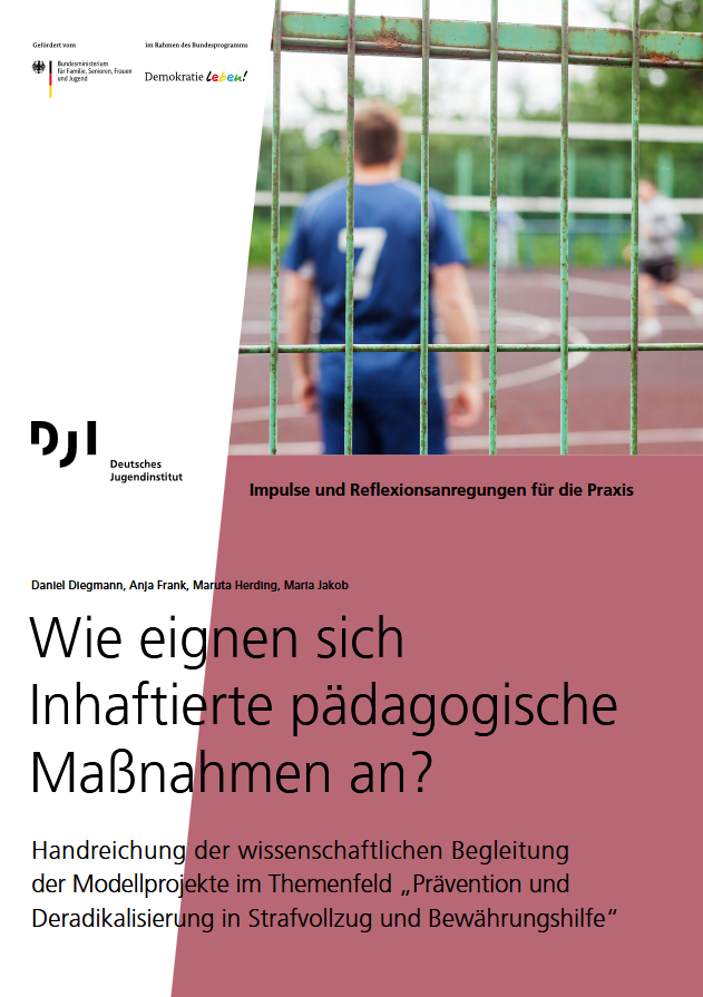 Das Cover zeigt zwei männliche Personen, die sich in hinter einem Gitter auf einem Sportplatz befinden. Der vordere Mensch trägt ein dunkelblaues T-Shirt mit einer weißen Sieben auf dem Rücken. Der Rest des Covers ist weiß und weinrot gefärbt. Auf den farbigen Flächen steht der Titel Wie eignen sich Inhaftierte pädagogische Maßnahmen an? Impulse und Reflexionsanregungen für die Praxis.