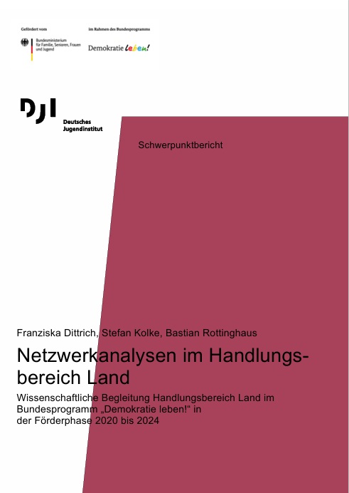 Das Titelbild des Schwerpunktsbericht vom DJI ist weiß und dunkelrot. Auf der untere Hälfte steht der Titel der Publikation: Schwerpunktbericht: Netzwerkanalysen im Handlungsbereich Land.