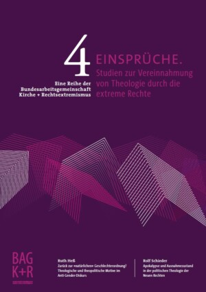 Das Design des Covers ist schlicht und seriös gehalten, mit einem dunklen Hintergrund und weißer sowie roter Typografie. Oben steht der Name der Bundesarbeitsgemeinschaft Kirche + Rechtsextremismus, darunter der Titel der Ausgabe Studien zur Vereinnahmung von Theologie durch die Extreme Rechte. Ergänzend sind die Hauptthemen aufgeführt, darunter die theologische Fundierung des Anti-Gender-Diskurses und die politische Theologie der Neuen Rechten.