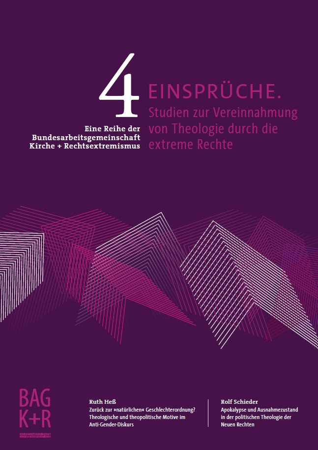 Das Design des Covers ist schlicht und seriös gehalten, mit einem dunklen Hintergrund und weißer sowie roter Typografie. Oben steht der Name der Bundesarbeitsgemeinschaft Kirche + Rechtsextremismus, darunter der Titel der Ausgabe Studien zur Vereinnahmung von Theologie durch die Extreme Rechte. Ergänzend sind die Hauptthemen aufgeführt, darunter die theologische Fundierung des Anti-Gender-Diskurses und die politische Theologie der Neuen Rechten.